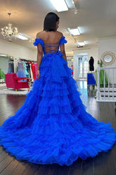 Off the Shoulder Ruffle Tiered Tulle Long Prom Dresses with Slit